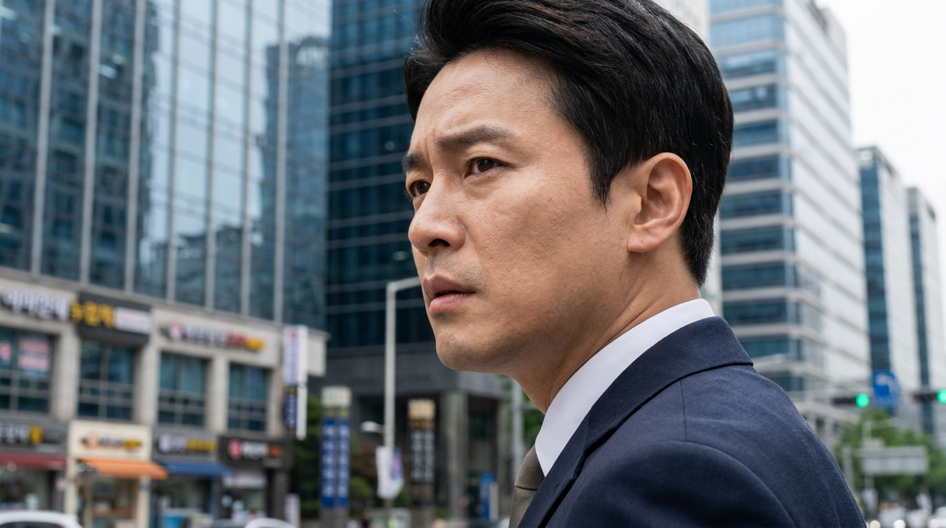여의도 증권가 빌딩을 배경으로 심각한 표정을 짓고 있는 한국인 직장인의 모습, 한글 간판이 보이는 한국 거리 풍경