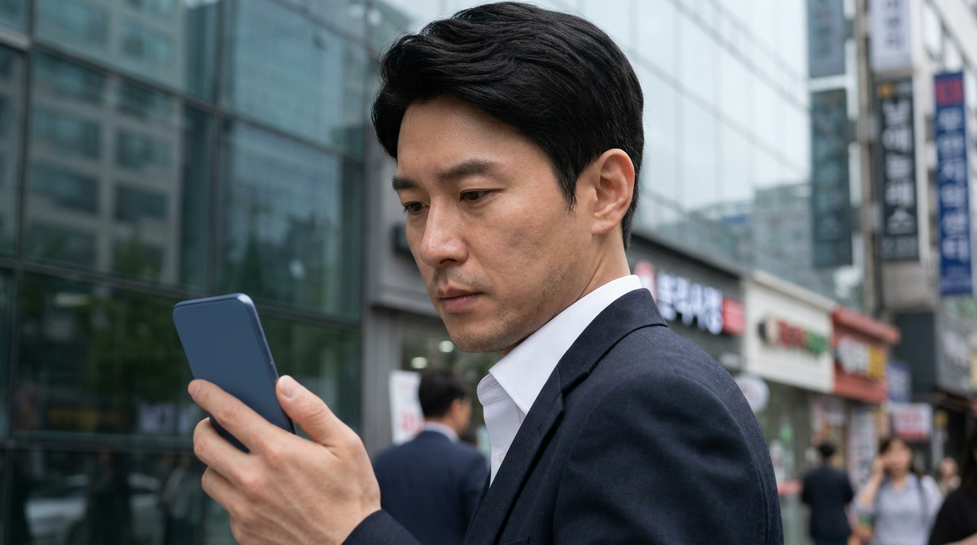 썸네일 - 심각한 표정으로 스마트폰의 증시 하락 뉴스를 확인하는 30대 한국인 직장인 남성, 배경으로는 한글 간판이 늘어선 한국 여의도 증권가 거리가 흐리게 보임