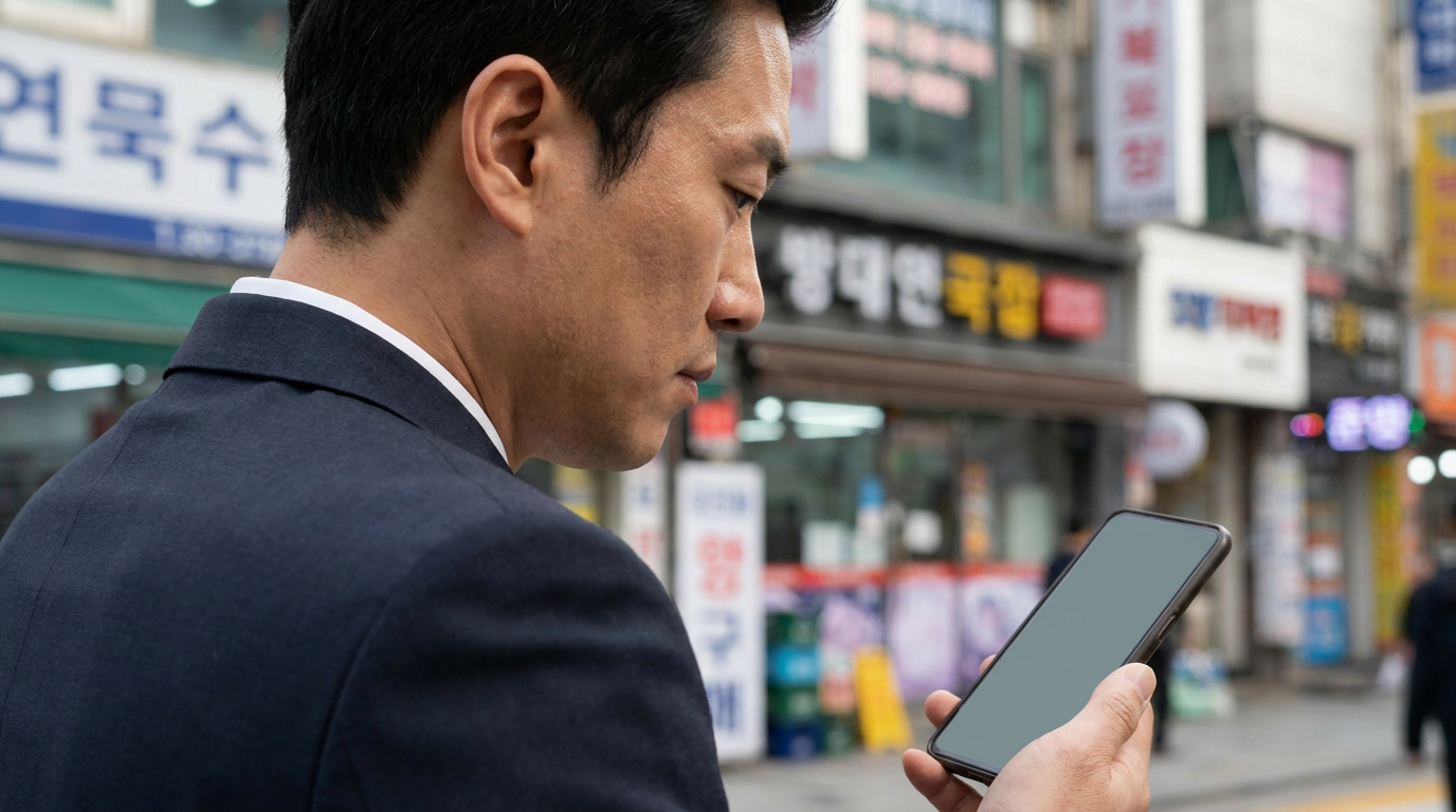 썸네일 - 정장 차림의 한국인 직장인이 한글 간판이 희미하게 보이는 서울 도심을 배경으로 스마트폰을 통해 주식 기사를 진지하게 확인하는 모습