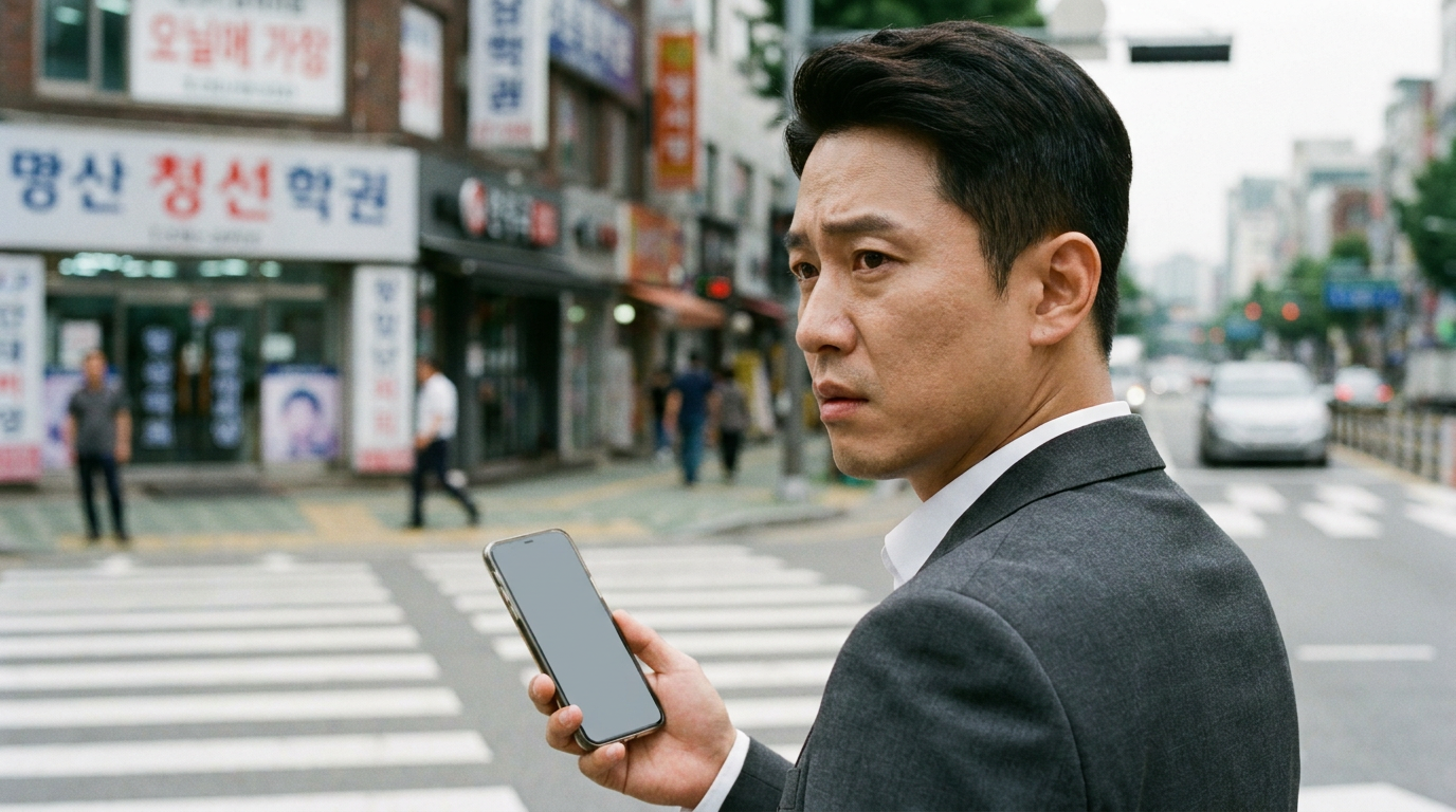 심각한 표정으로 스마트폰으로 주식 창을 확인하는 한국인 직장인의 모습, 배경으로는 한글 간판이 희미하게 보이는 한국의 횡단보도 풍경