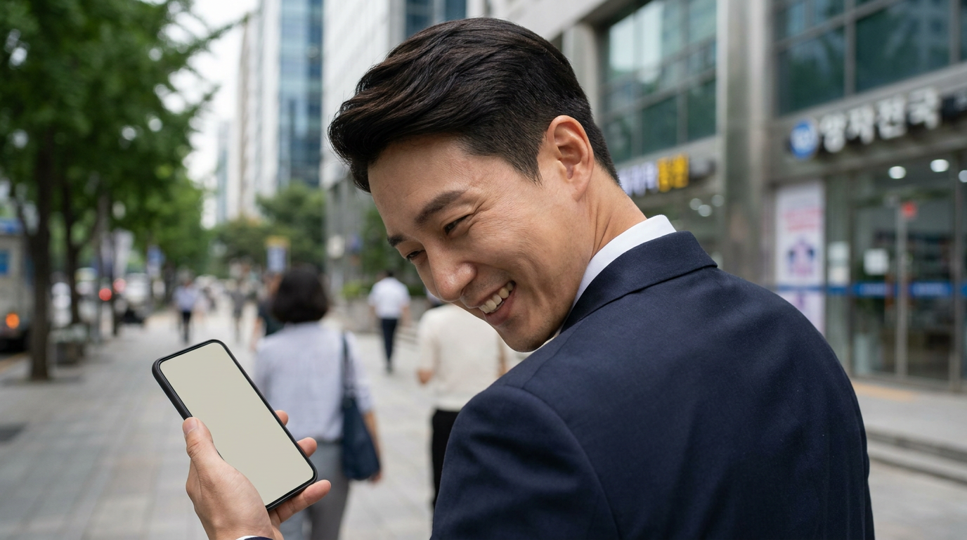 정장을 입은 한 한국인 직장인이 한글 간판이 즐비한 한국의 여의도 금융가 거리를 걸으며 밝은 표정으로 스마트폰을 통해 주식 앱을 확인하고 있는 실사 사진