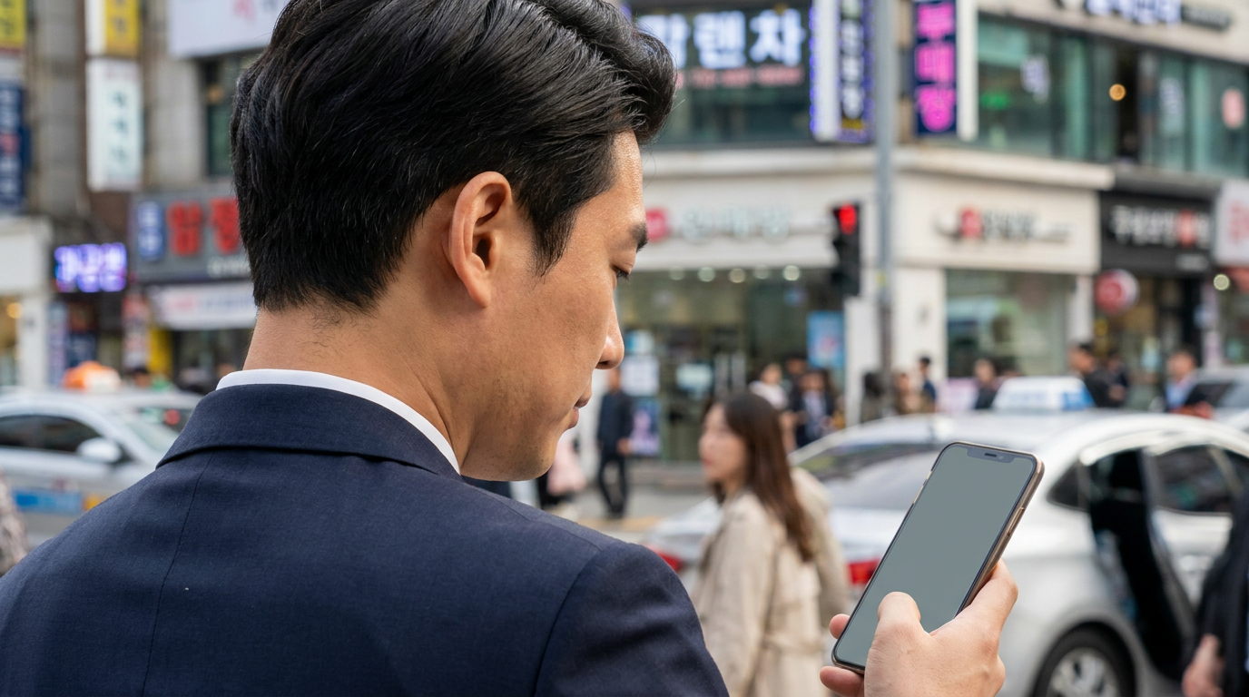 깔끔한 정장을 입은 한국인 직장인이 스마트폰으로 경제 뉴스를 진지하게 읽고 있는 모습, 배경에는 한글 간판이 뚜렷하게 보이는 한국 도심의 번화가 거리가 실사 느낌으로 담겨 있음