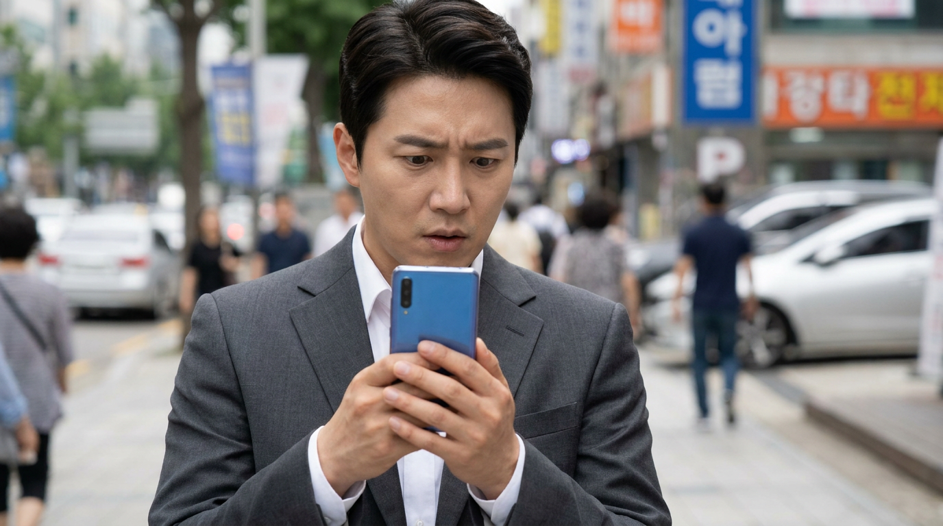 썸네일 - 한글 간판이 늘어선 한국의 번화가 거리에서 스마트폰으로 주식 앱을 보며 당혹스러운 표정을 짓고 있는 한국인 직장인의 실사 사진