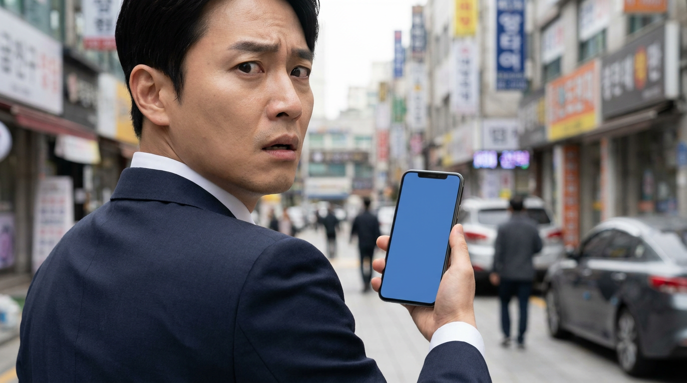 정장을 입고 스마트폰으로 주식 창을 보며 당황한 표정을 짓는 한국인 직장인, 배경은 한글 간판이 보이는 한국의 번화가 상가 거리