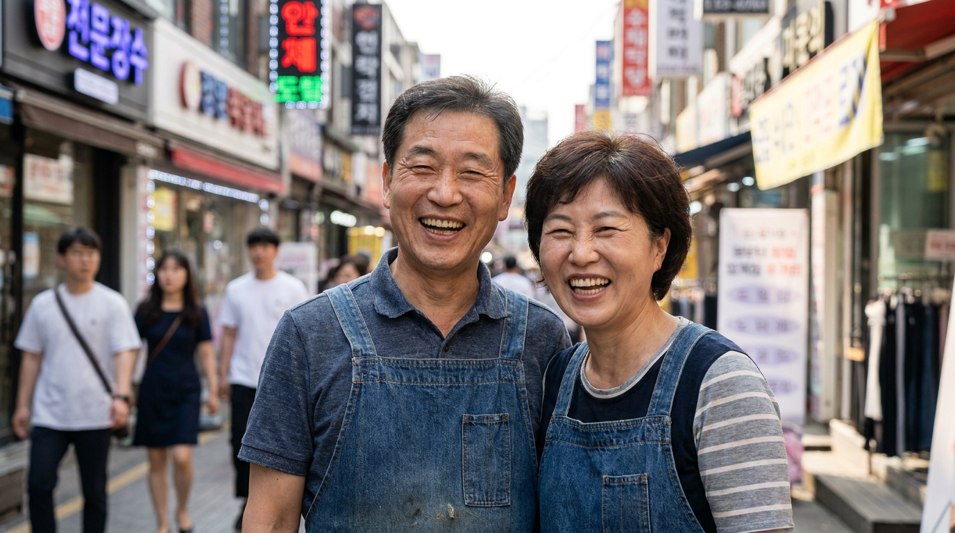 앞치마를 입고 웃는 한국인 자영업자 부부