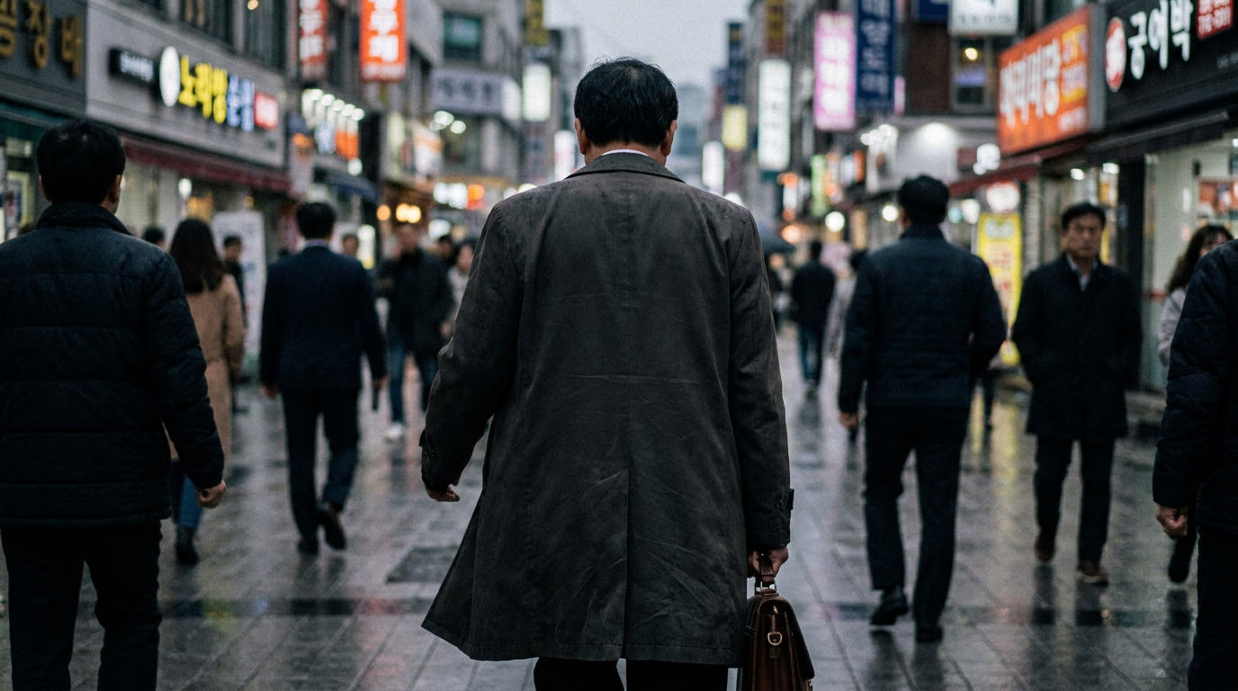 한글 간판이 많은 거리를 걷는 직장인
