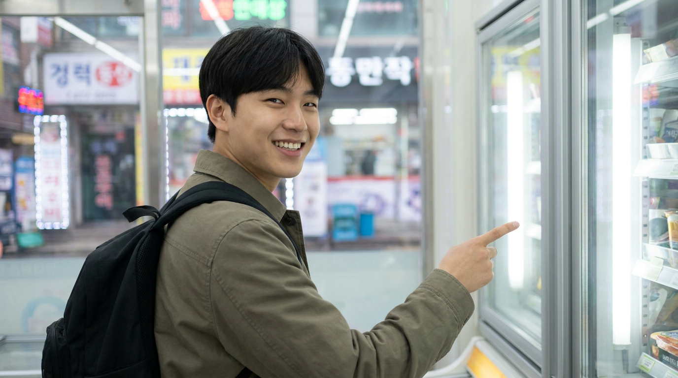 편의점 냉동고 앞 아이스크림을 고르는 대학생