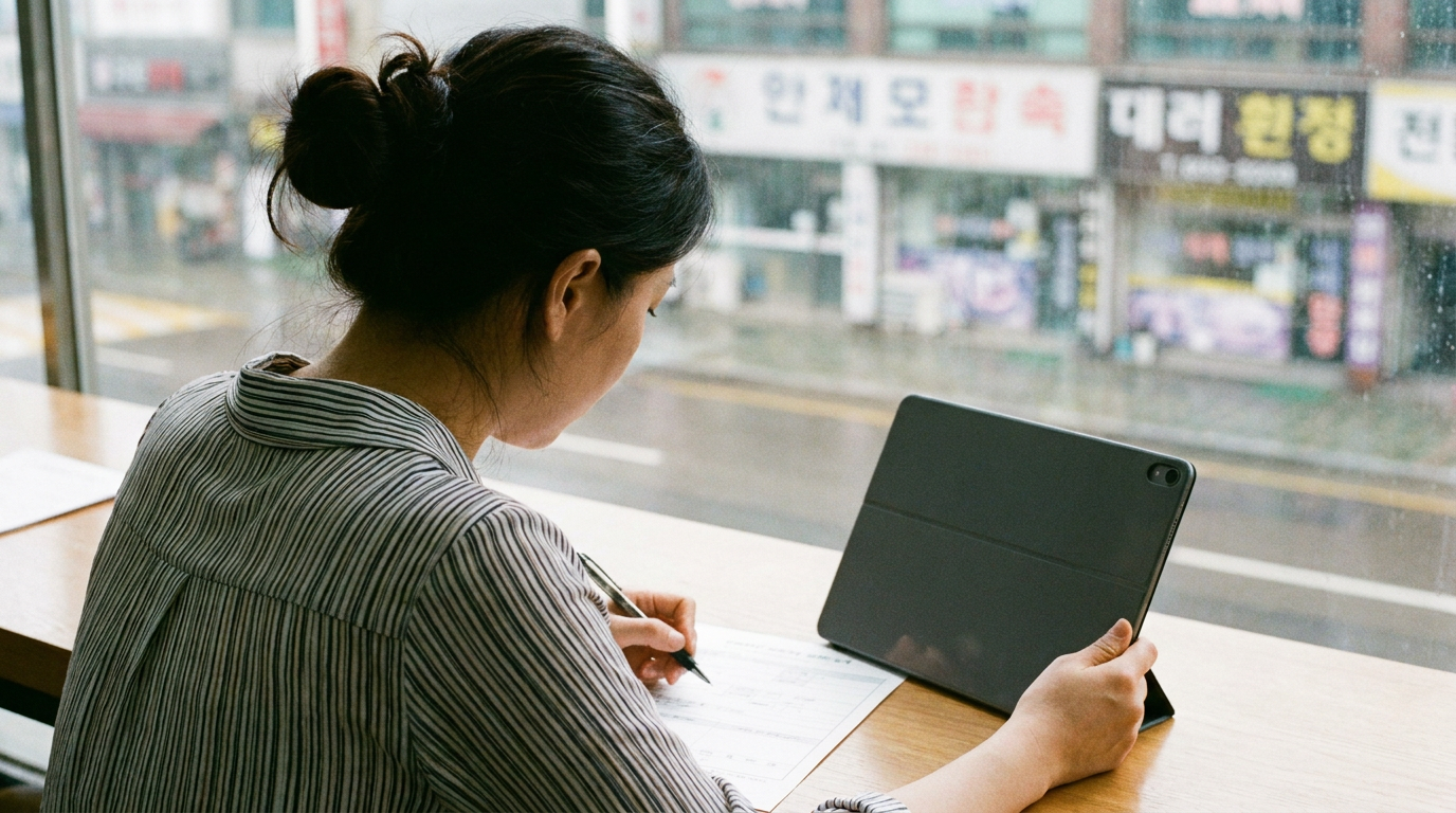 서류와 태블릿 PC로 신청을 준비하는 직장인
