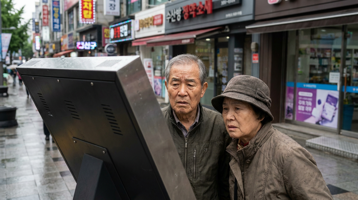 하락 지표 전광판을 바라보는 노년 투자자들