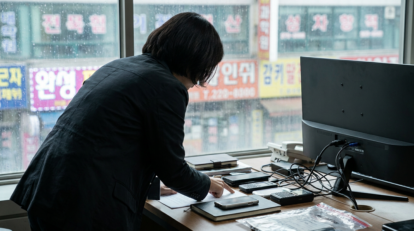 웹툰 모니터 옆에서 압수물을 정리하는 수사관