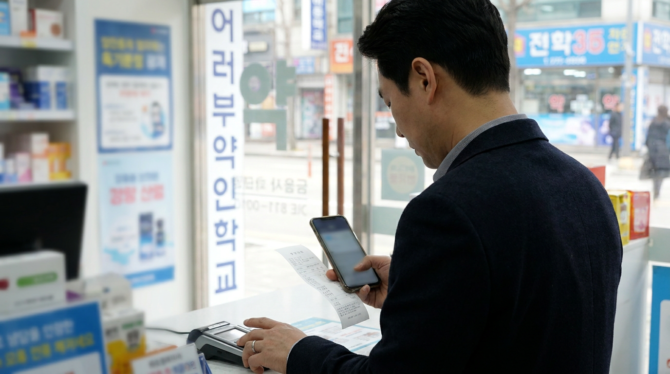 약국에서 병원비와 약값이 적힌 영수증을 확인하며 결제하는 환자