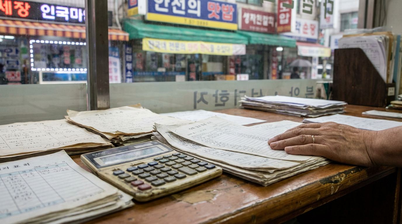 복잡한 대출 청구 서류와 계산기가 놓인 책상 위 풍경