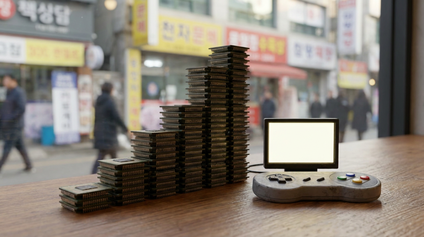 상승하는 반도체 칩셋 가격 그래프와 게임 콘솔이 함께 있는 3D 일러스트