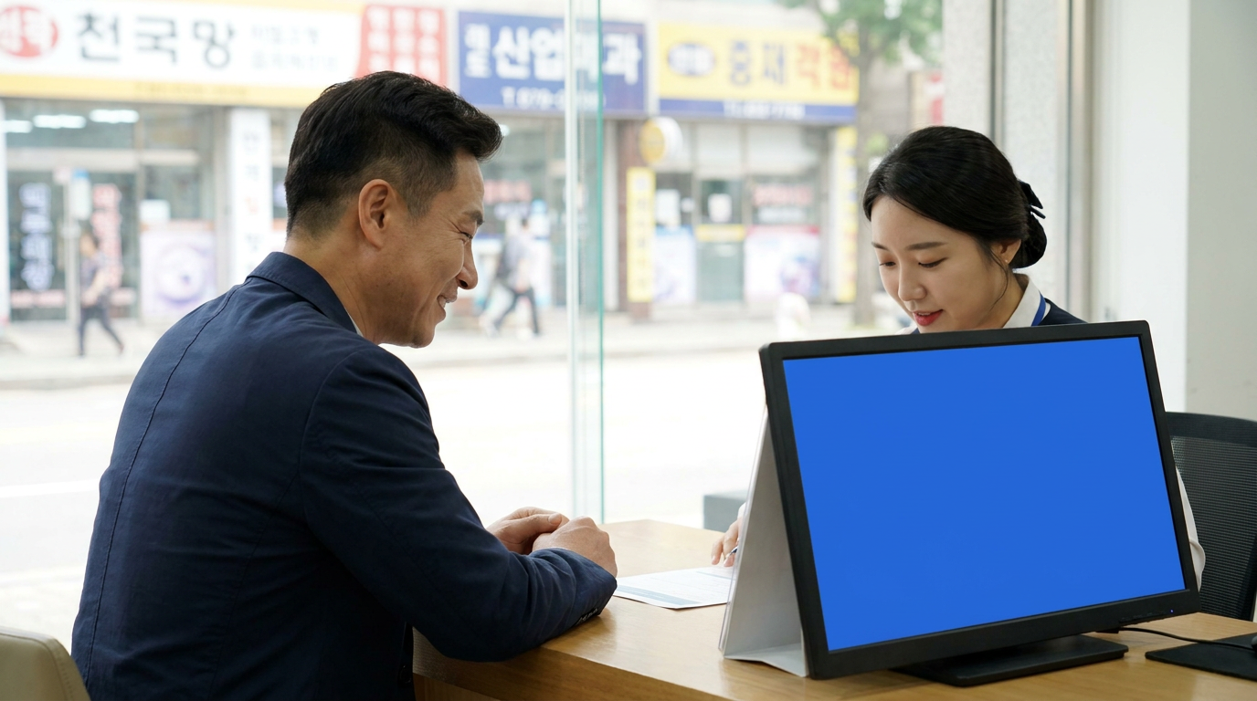 은행 창구에서 금융 상담을 받는 남성