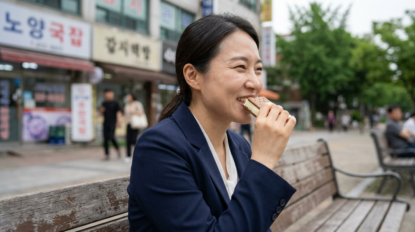 공원 벤치에 앉아 아이스크림을 먹는 직장인