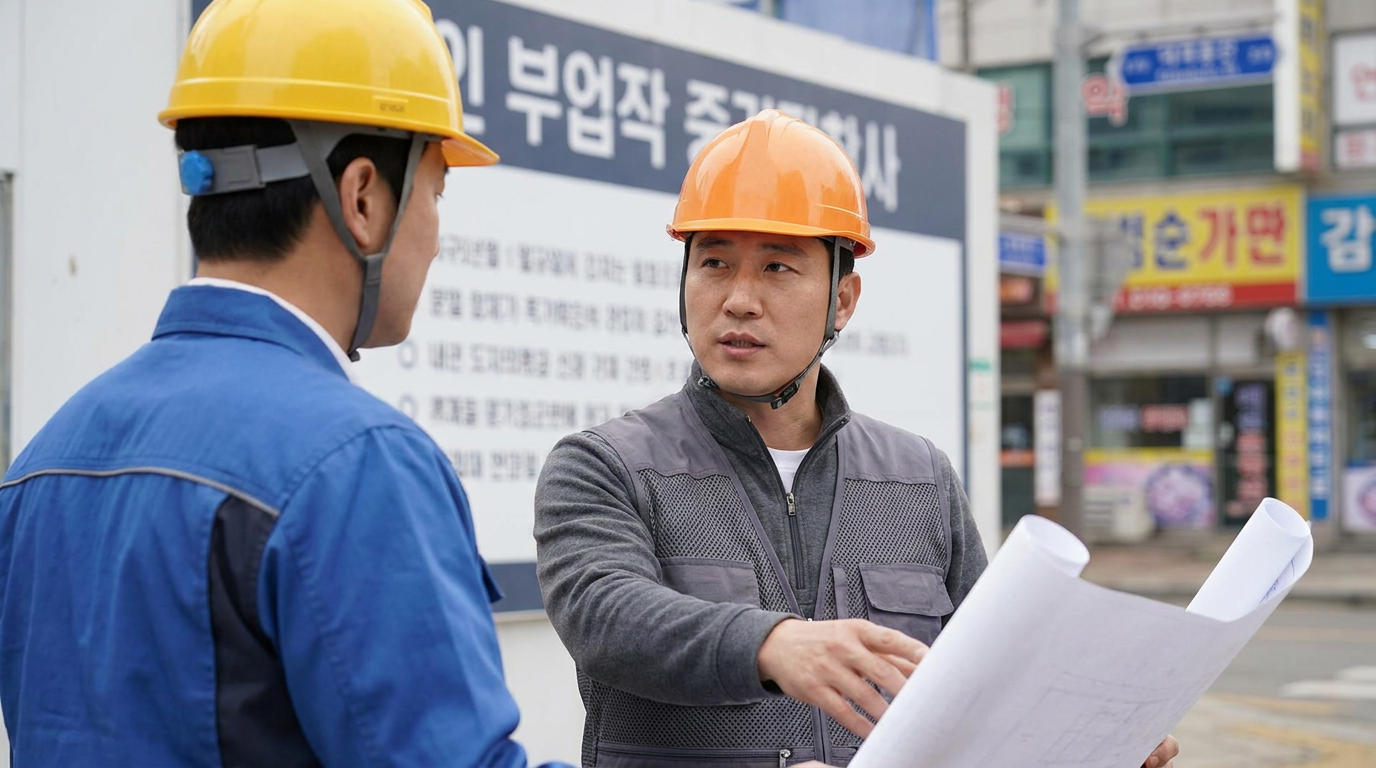 도면을 보며 대화하는 건설 현장 작업자들