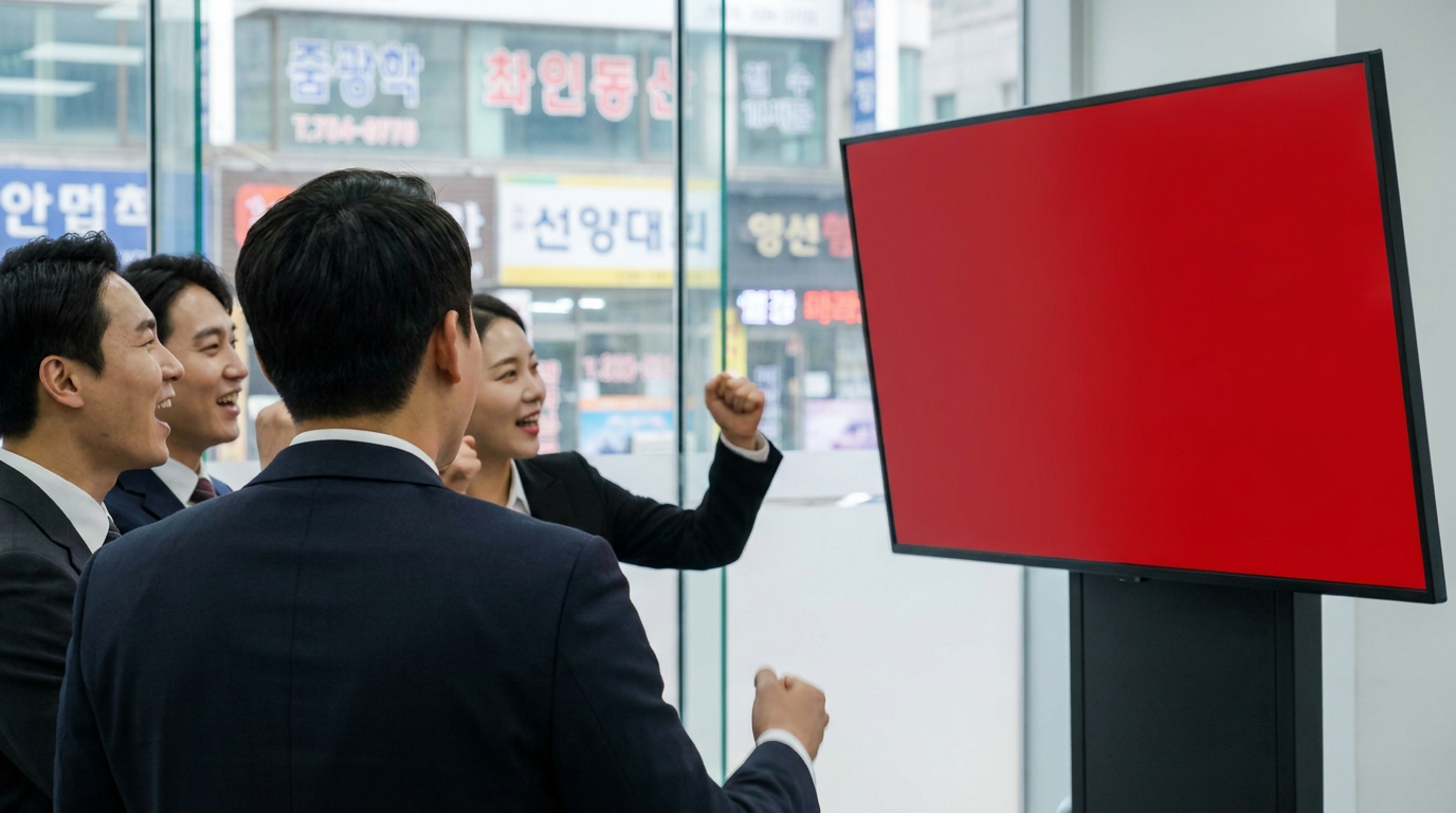 상승 전광판을 보며 환호하는 투자자들