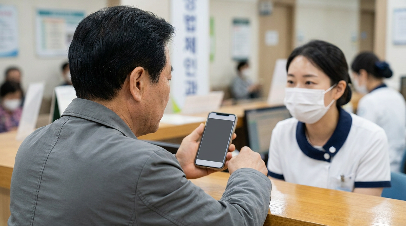 병원 창구에서 스마트폰을 보며 상담하는 환자