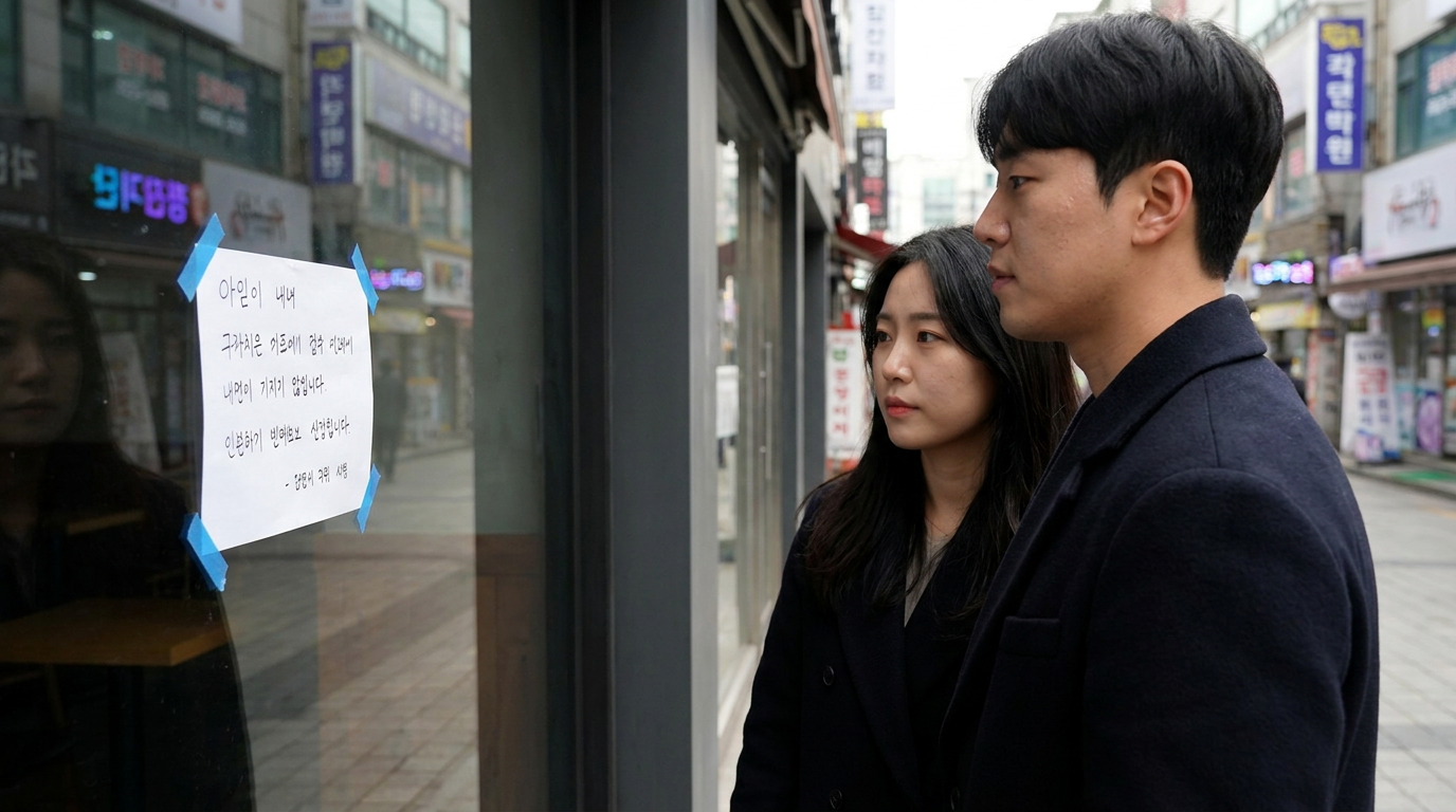 영업정지 안내문이 붙은 카페와 행인들