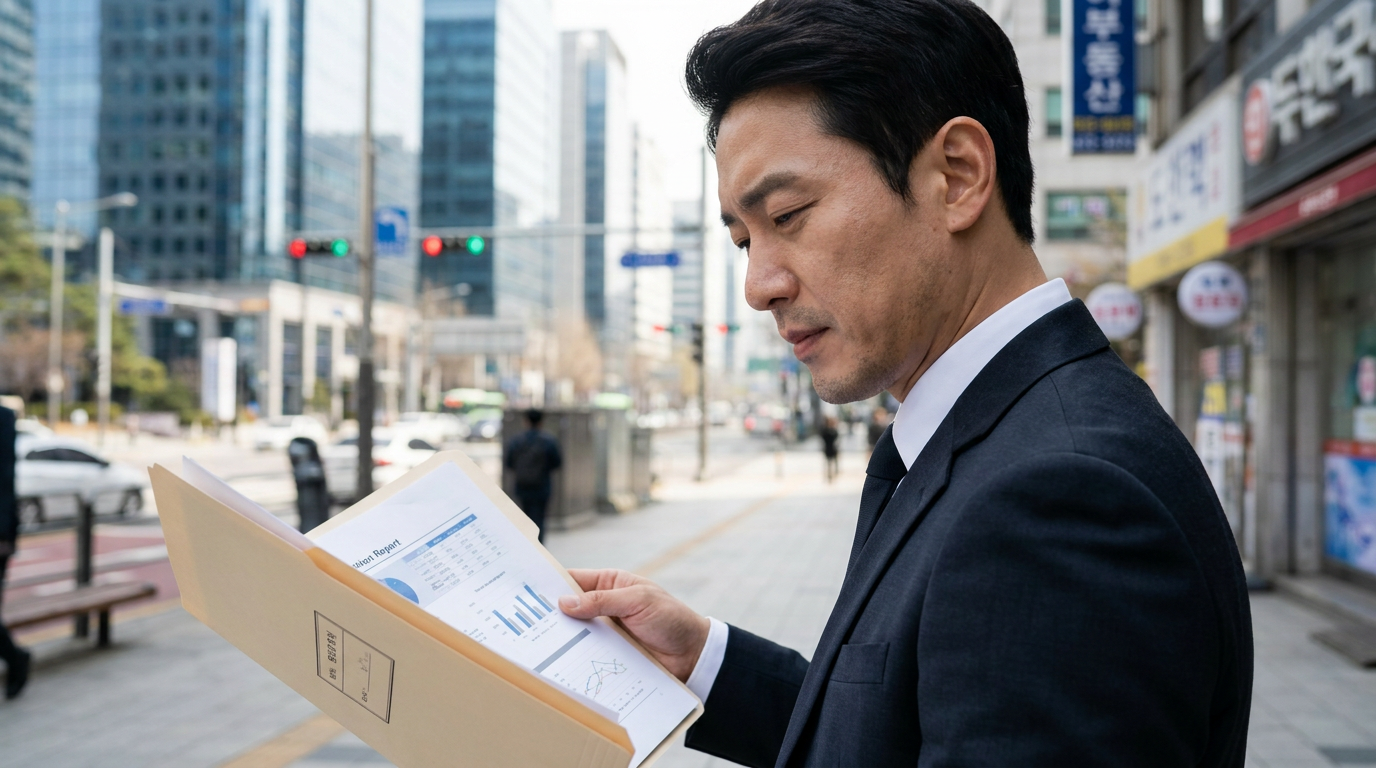 거리에서 서류철을 보며 검토하는 정장 남성