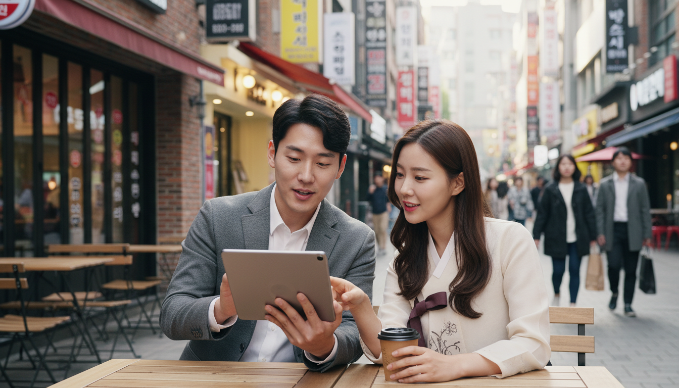 태블릿을 들고 회의하는 거리의 청년 창업가들