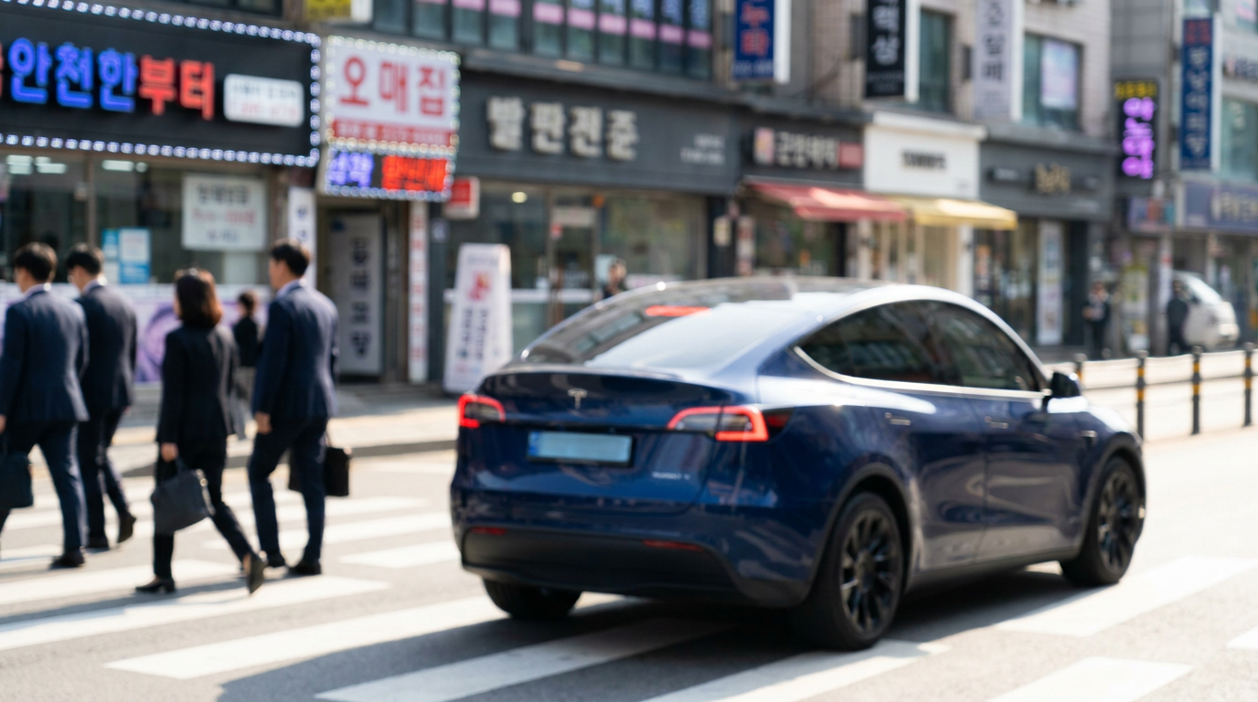 한국 도심 도로를 주행하는 테슬라 전기차