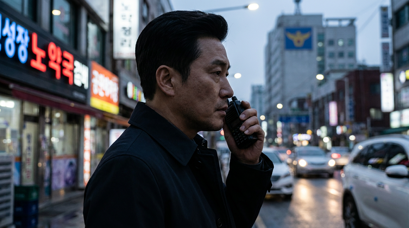 무전기를 들고 선 형사와 경찰 마크 배경