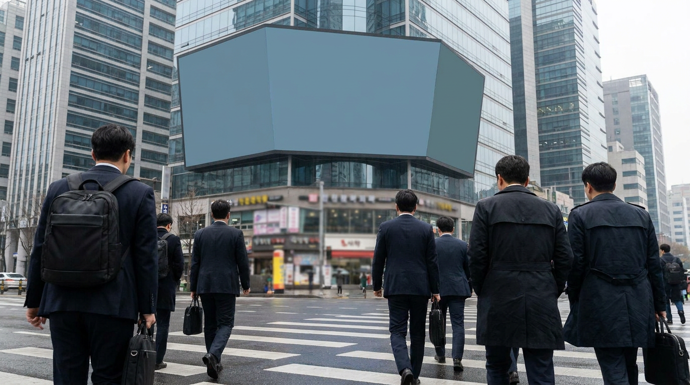 빌딩숲의 직장인들과 주가 지수 전광판