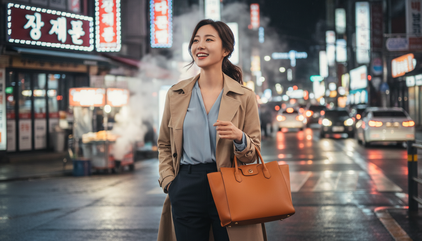 가방을 메고 밤거리를 걷는 여성 직장인