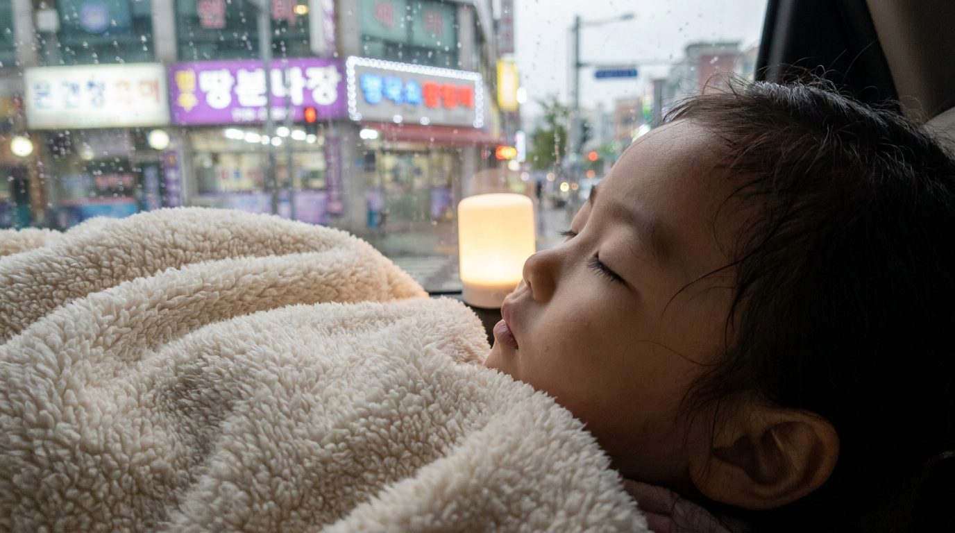 수면등 아래에서 이불을 덮고 잠든 아이