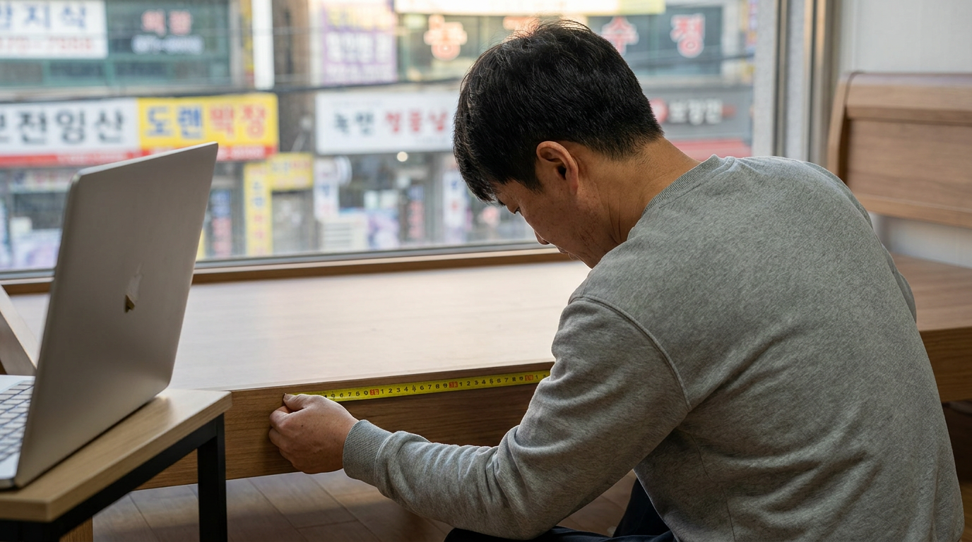 방바닥에서 줄자로 침대 길이를 재는 남성