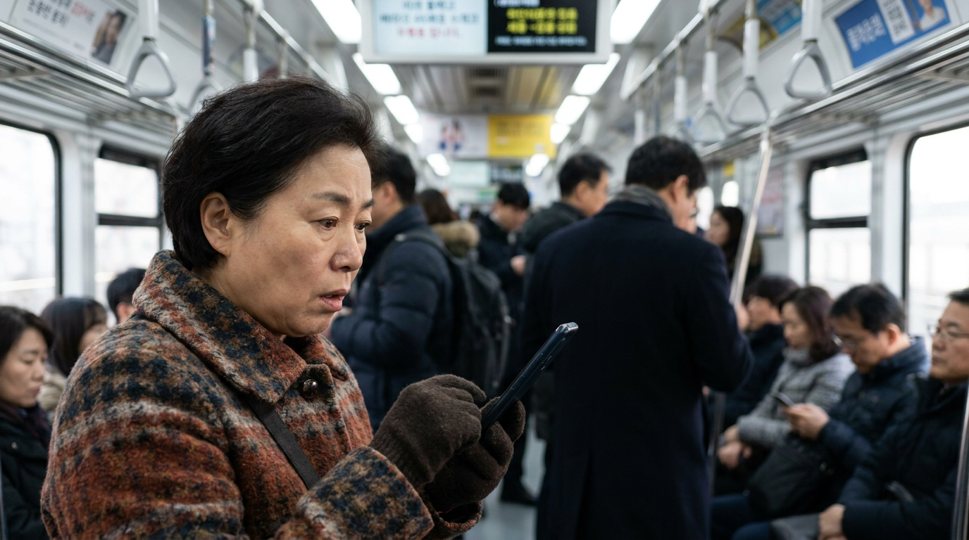 지하철에서 스마트폰 캐릭터를 보는 중년 여성