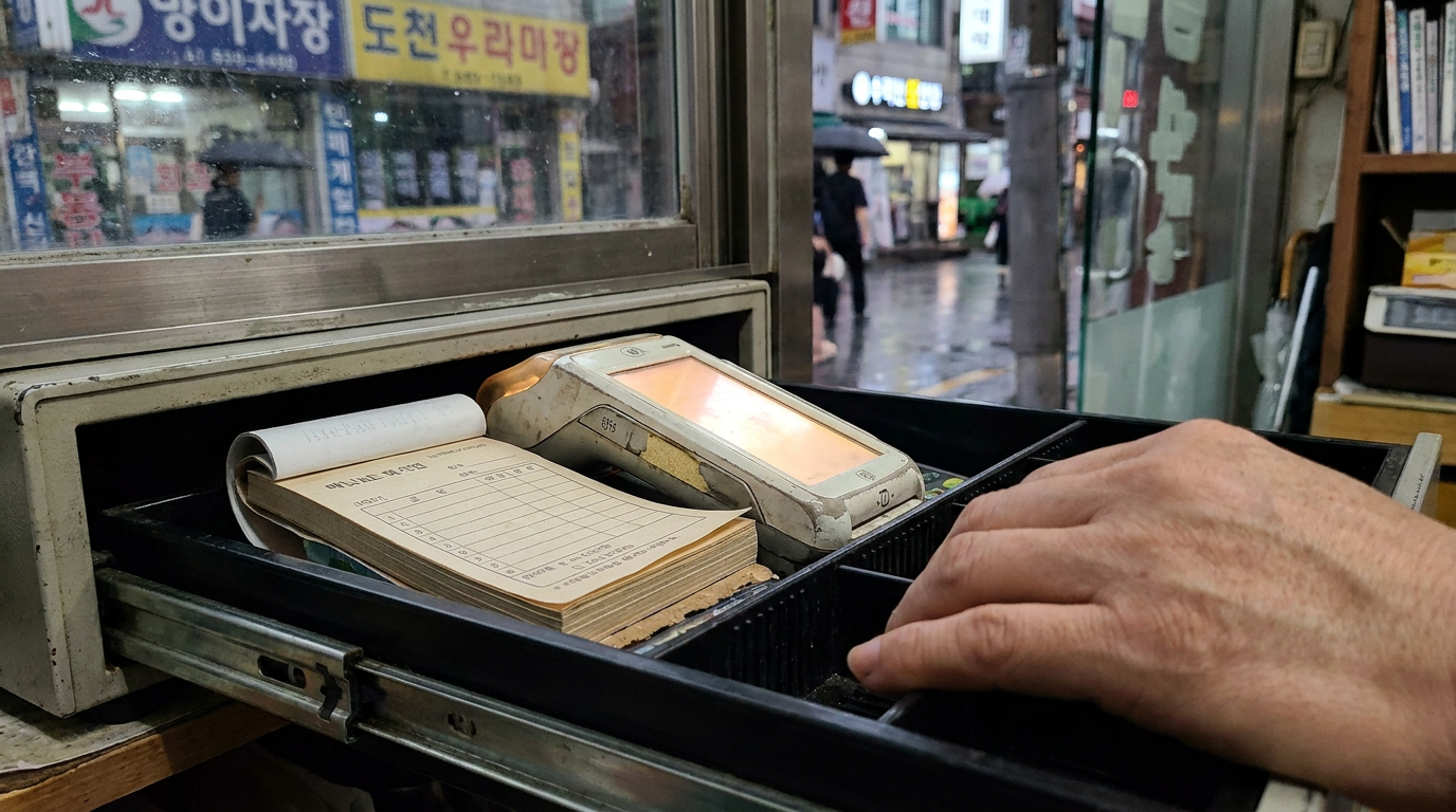 계산대 서랍 안에 준비된 비상용 무선 카드 결제기와 수기 영수증 패드
