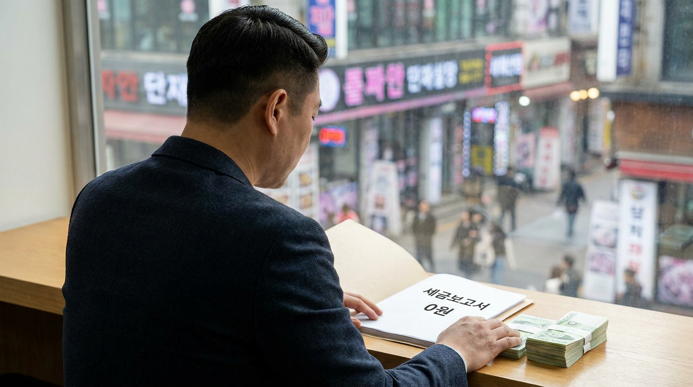 세금 0원이 적힌 서류와 배당금을 상징하는 현금 다발이 함께 놓인 책상 모습