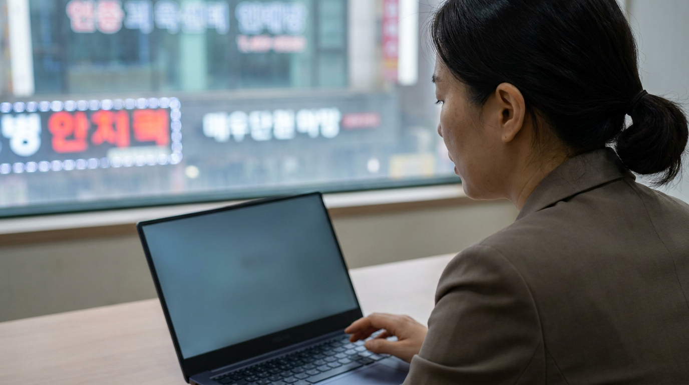 학교 상담실에서 차분하게 대화하며 상황을 기록하는 교사