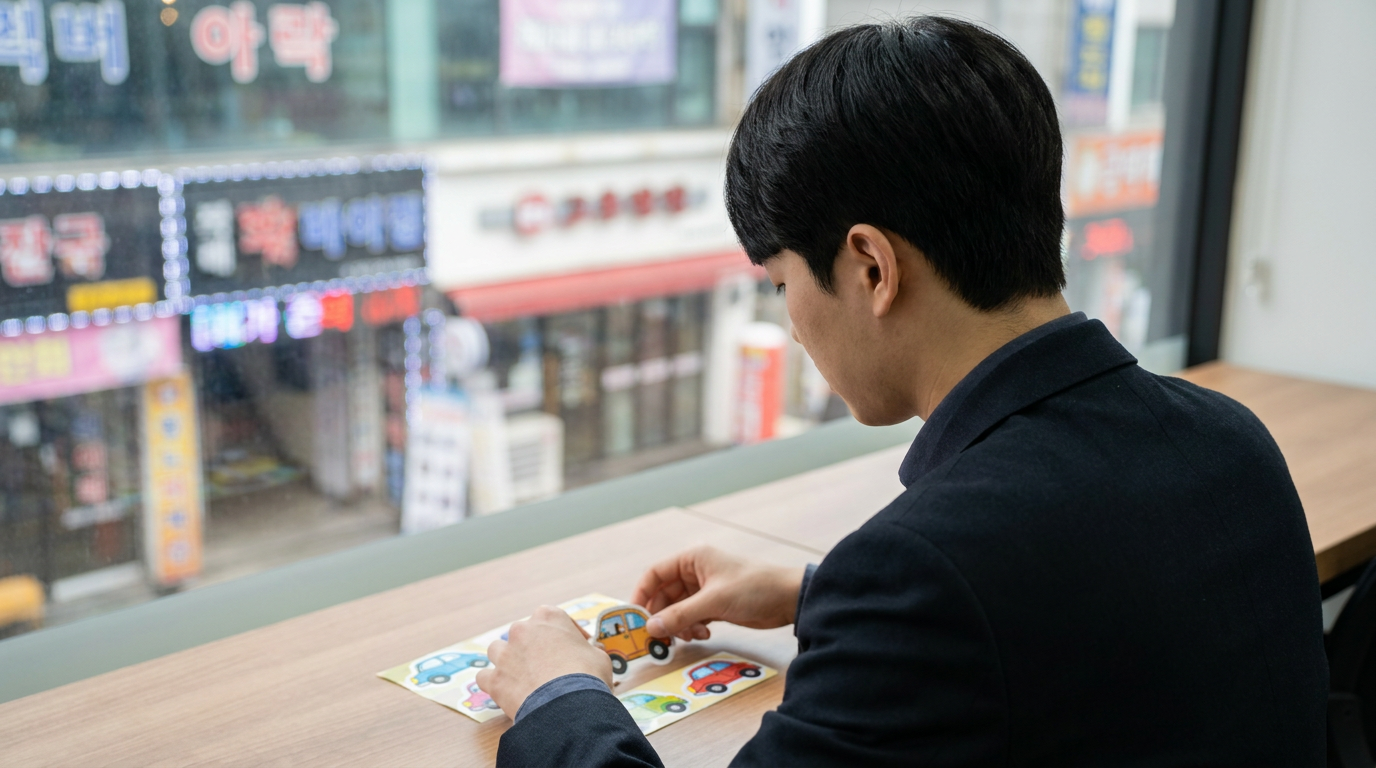 책상 위 자동차 모양 스티커들을 구경하는 손