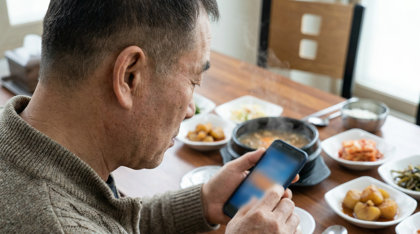 식단표가 뜬 스마트폰과 밑반찬이 놓인 식탁