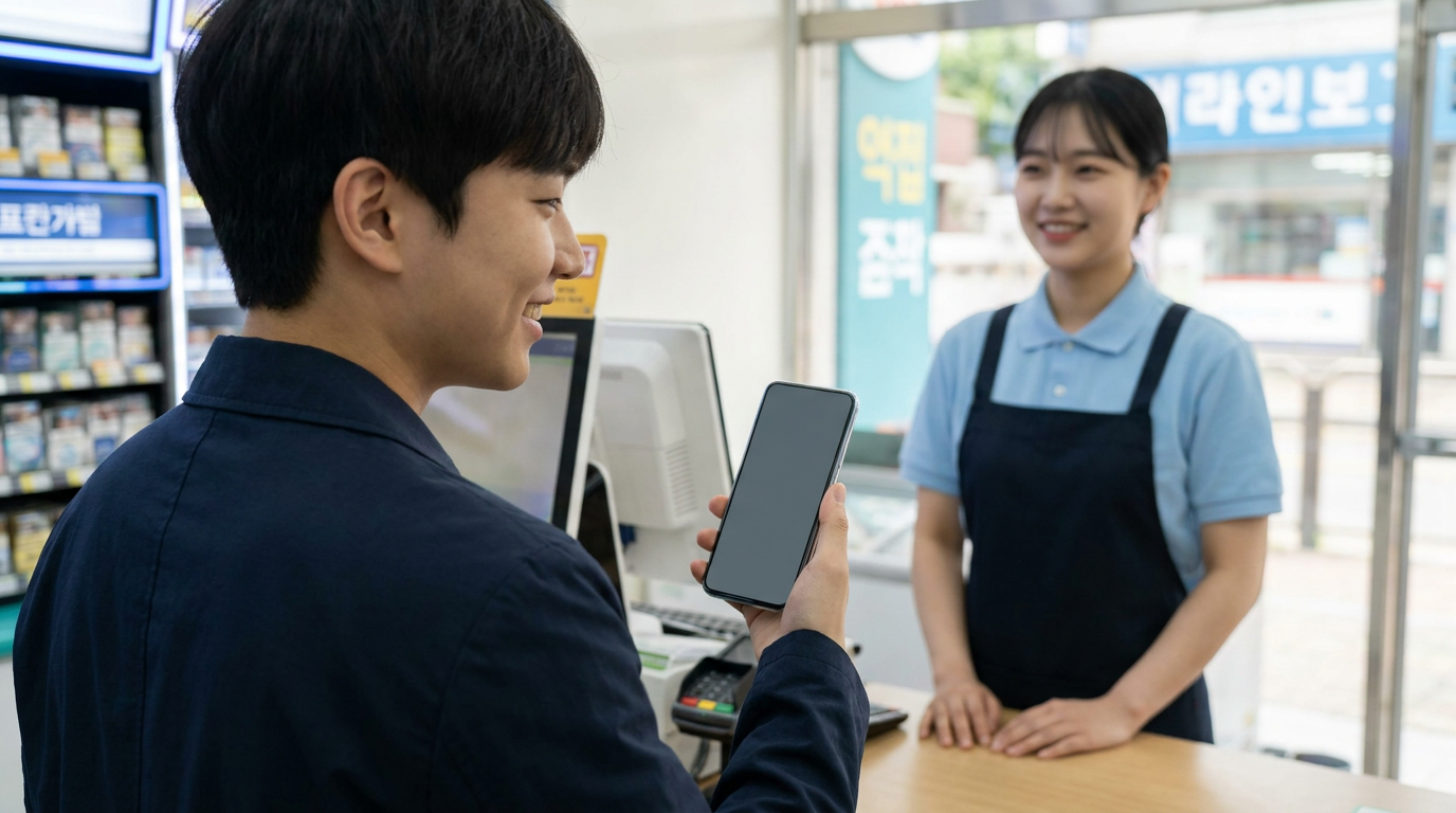 편의점 계산대에서 스마트폰으로 결제하는 손님