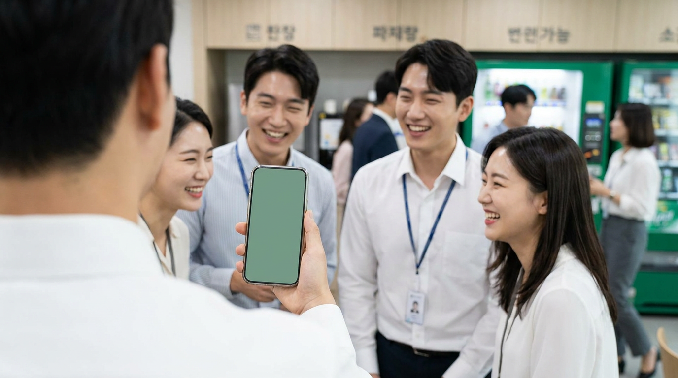 사무실에서 스마트폰 이벤트를 확인하는 직장인들