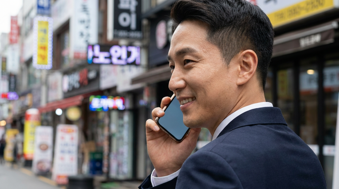 썸네일 - 한글 간판이 즐비한 한국의 도심 거리에서 정장을 입고 스마트폰으로 주식 애플리케이션을 확인하며 미소 짓는 한국인 직장인 남성의 모습