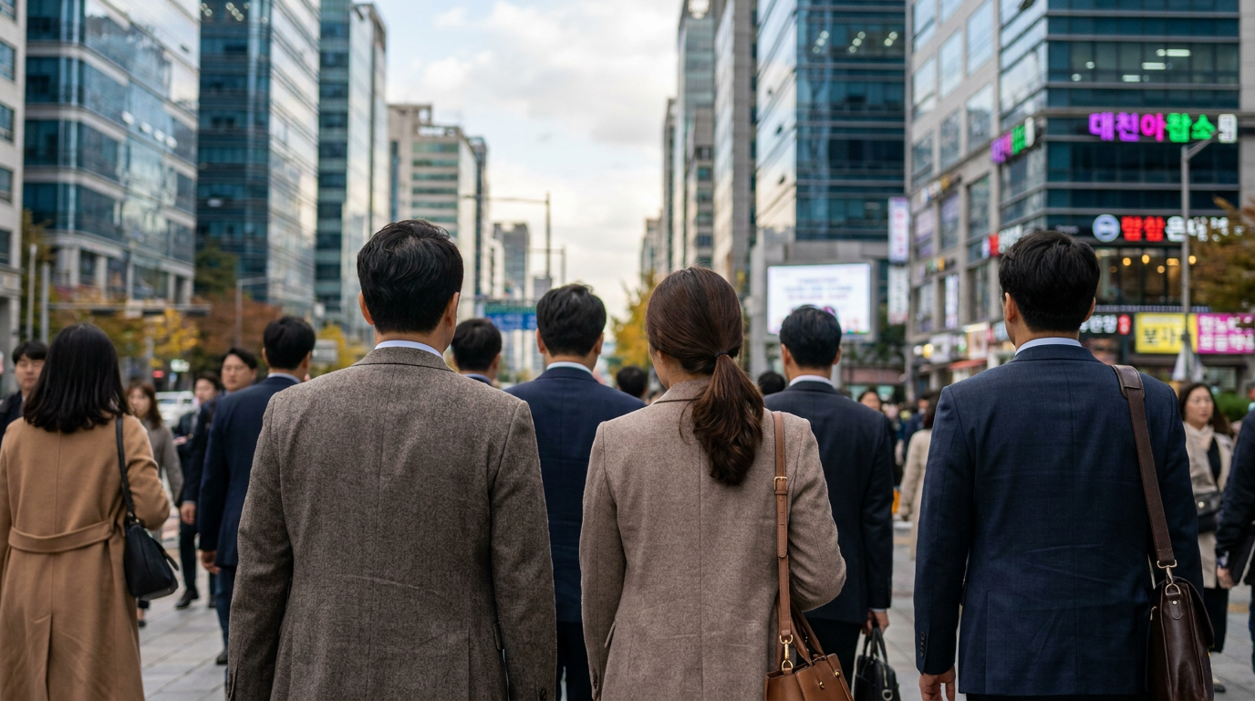 썸네일 - 한국의 번화가인 여의도 증권가 거리를 걷고 있는 정장 차림의 한국인 직장인들의 모습, 뒤로 고층 빌딩과 한글 간판이 뚜렷하게 보임