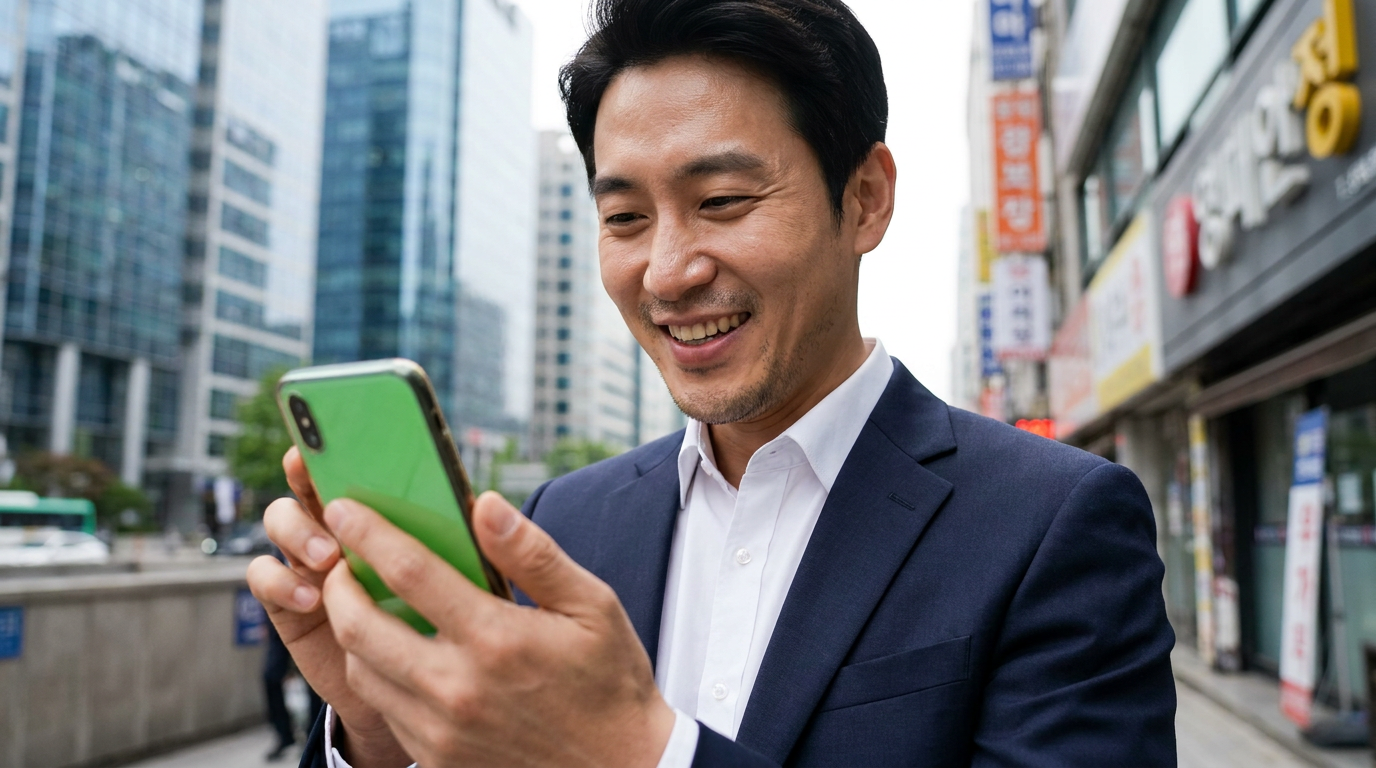 썸네일 - 밝은 표정으로 스마트폰 뉴스를 확인하는 한국인 직장인 남성과 뒤로 보이는 한글 간판의 한국 여의도 빌딩 숲 풍경