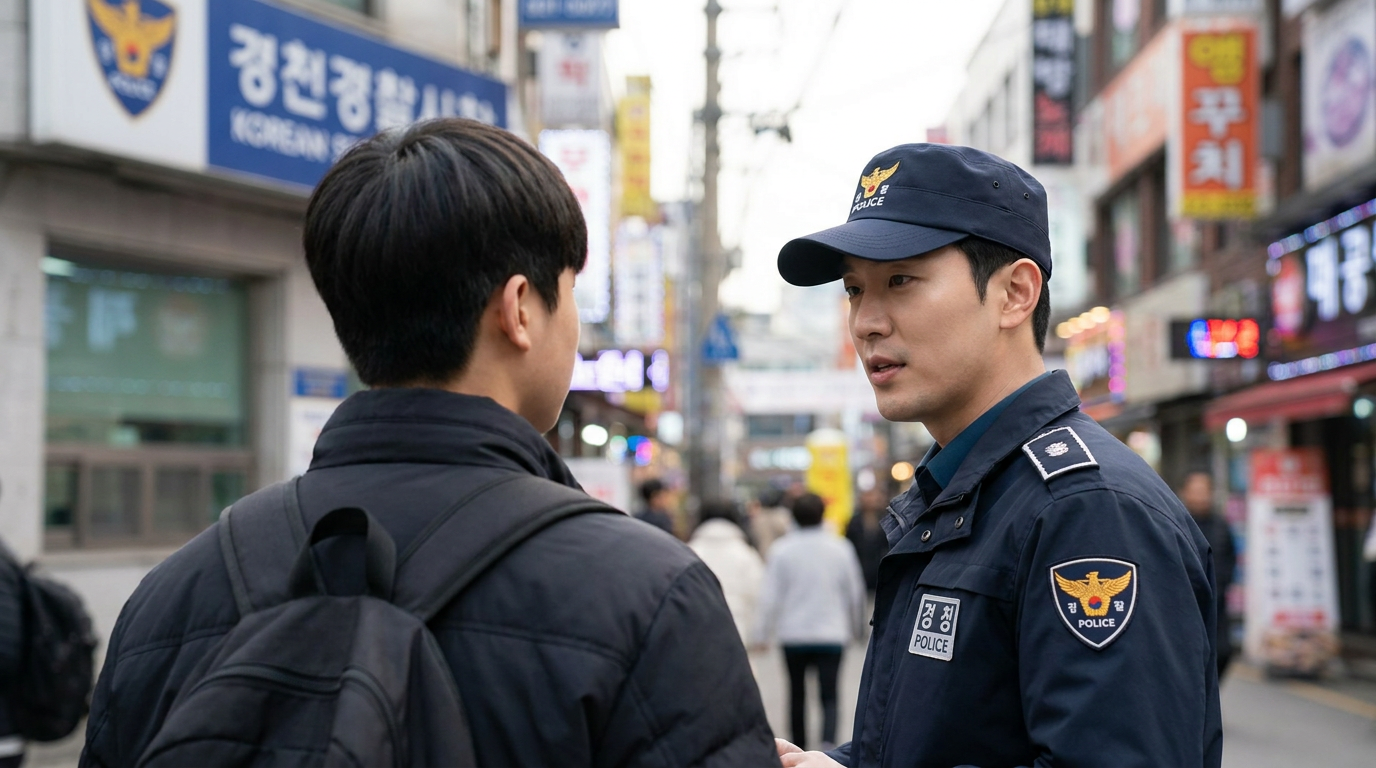 경찰서 앞 경찰관과 마주 선 한국인 청소년