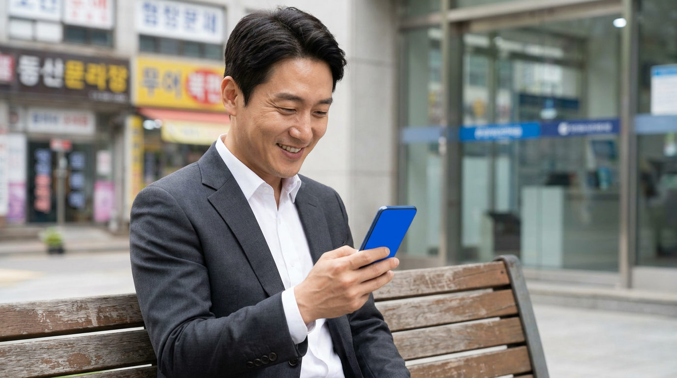 벤치에 앉아 스마트폰을 보며 웃는 남성
