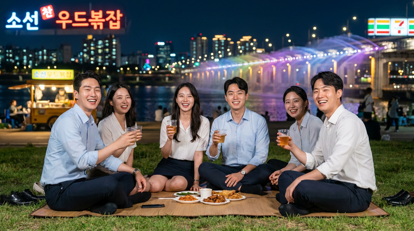 돗자리에 앉아 웃는 사람들과 한강 야경