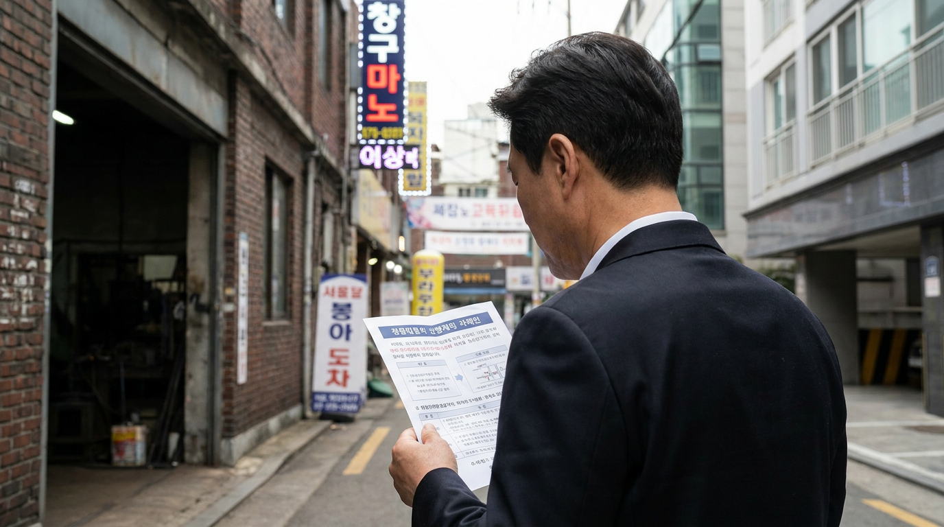 썸네일 - 신축 아파트 단지와 낡은 철공소가 공존하는 한국의 골목길을 배경으로 재건축 안내문을 읽고 있는 한국인 주민의 모습