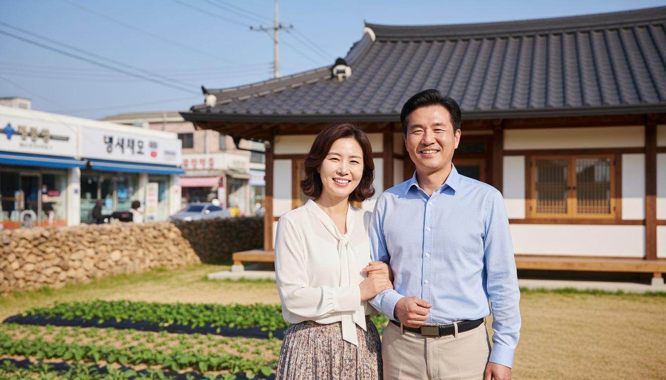 리모델링된 시골 주택 마당의 한국인 부부