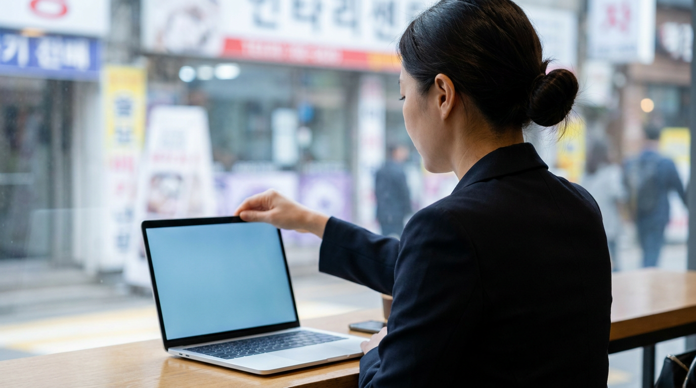 카페에서 노트북을 열고 서류를 보는 여성