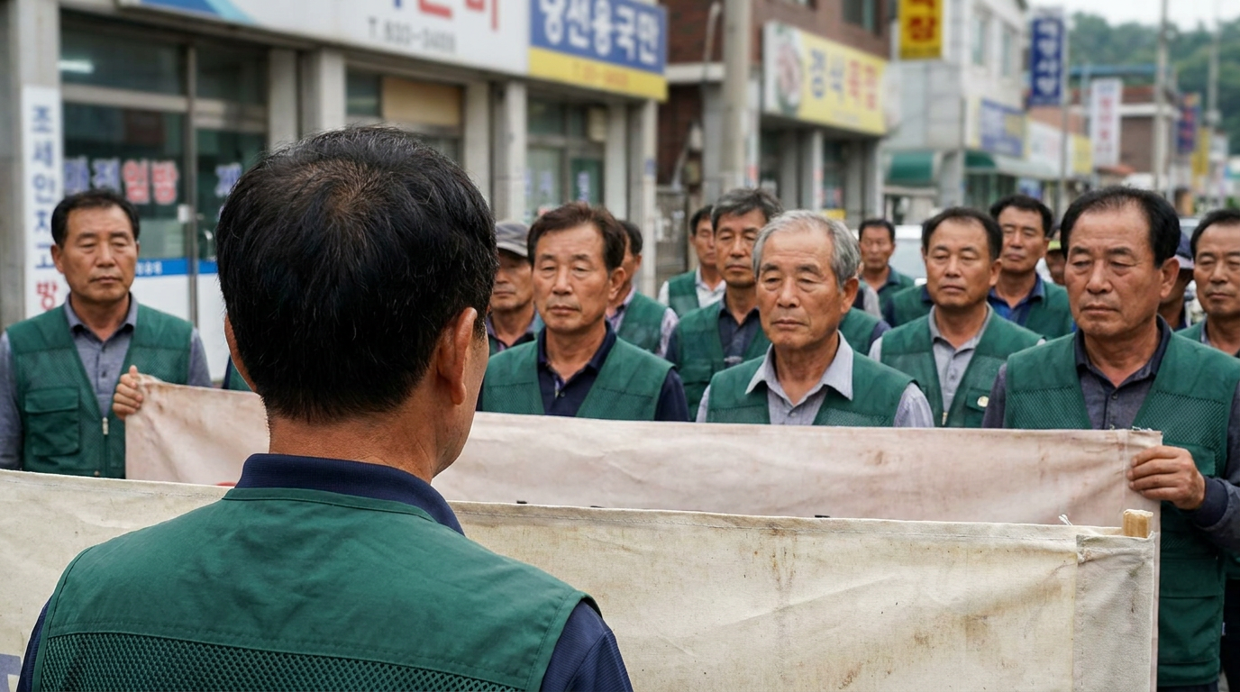 현수막을 들고 시위하는 농민들과 읍내 거리