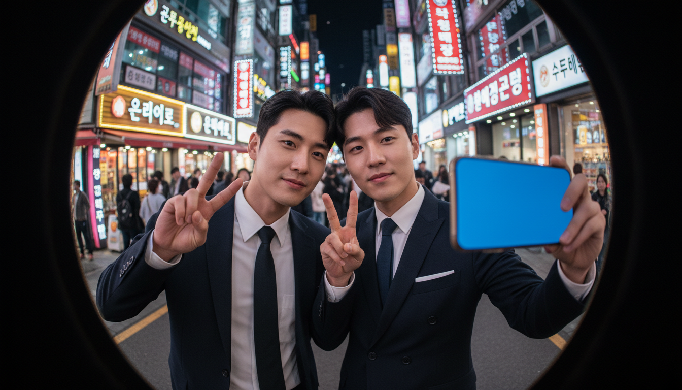 네온사인 번화가에서 브이 포즈를 한 두 친구